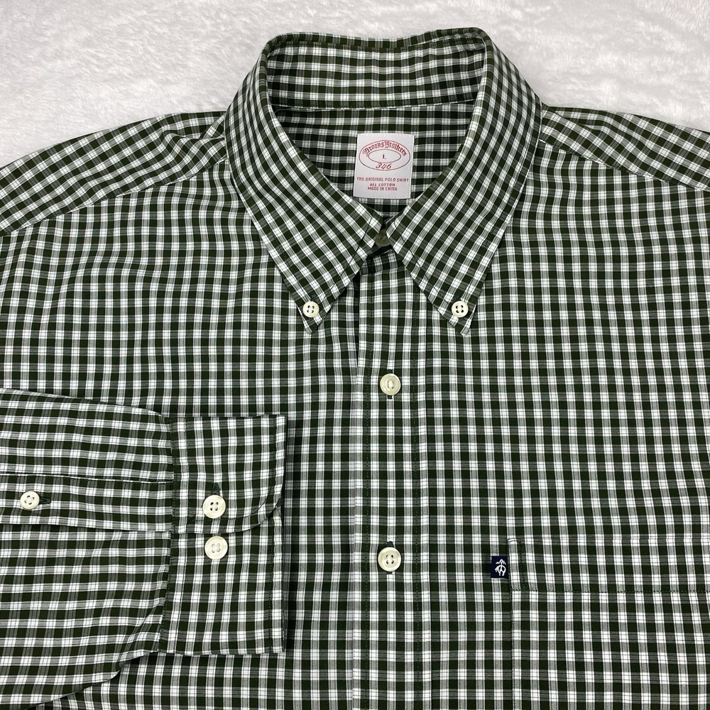 Brooks Brothers Shirt Mens Large Green/White Checks Pocket Logo Long Sleeves